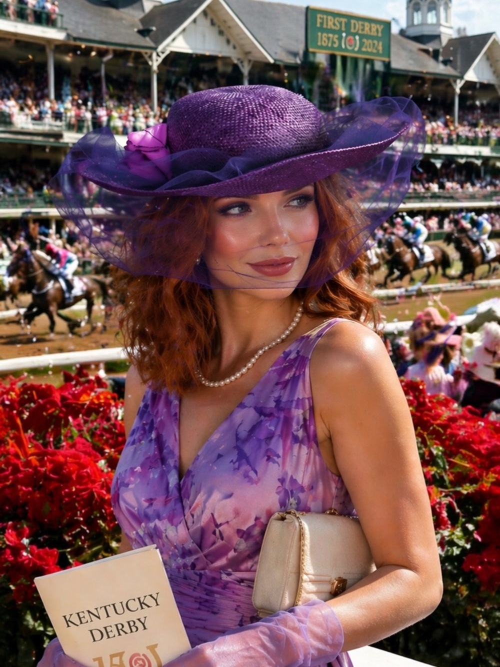 Vintage Wide Brim Purple Straw Derby Hat l